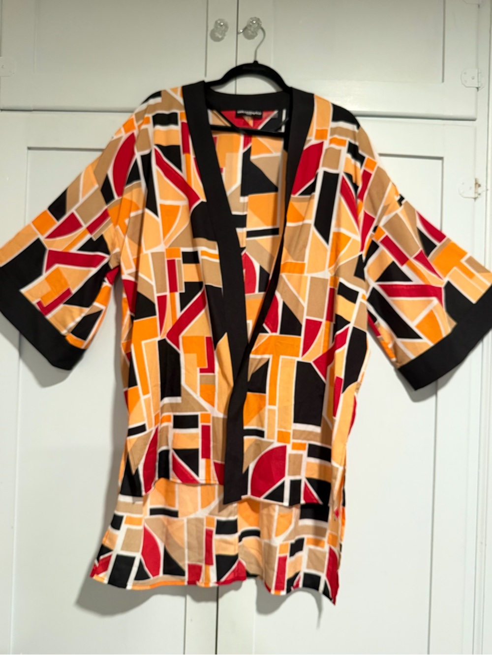 Karl Lagerfeld Geometric Kimono Top in Orange, Red & Black